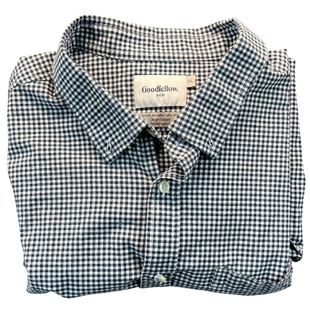 Goodfellow & Co Mens XL Slim Fit Every Wear Poplin Gingham Button‎ Up Shirt Navy